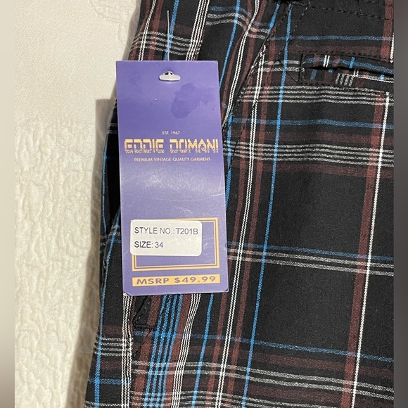 NWT Eddie Domani Men's Size 34 Shorts Black and Blue Plaid - Picture 4 of 9